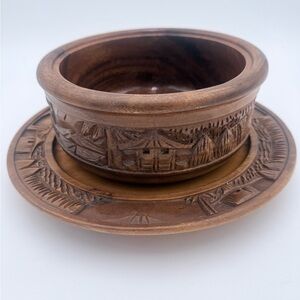 Vintage Teak Wood Hand Carved Serving Bowl Plate & Teapot Philippines Lina Vizca